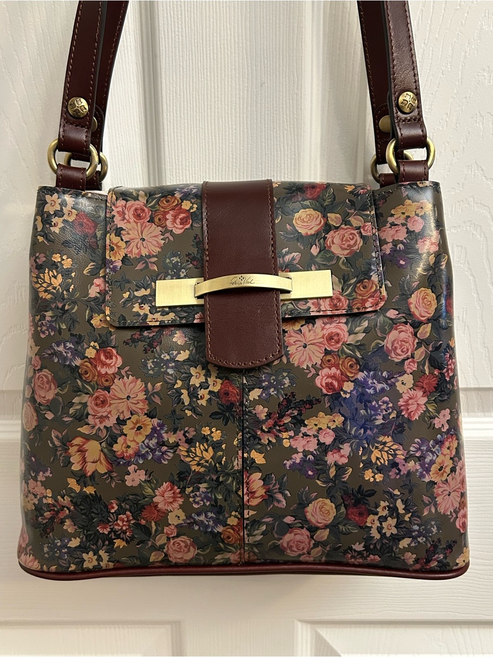 Patricia Nash Leather Floral Shoulder Bag with Brown Leather Trim & Gold Accent